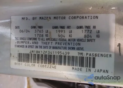 2004 Mazda Mazda3 I from USA, damaged, VIN JM1BK12F341195439